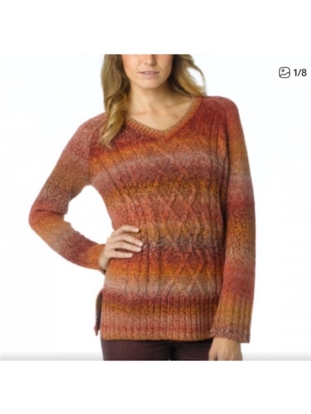 Prana Leisel Cable Knit Sweater Sz XS Brown Orange Red Fall Colors V Neck
